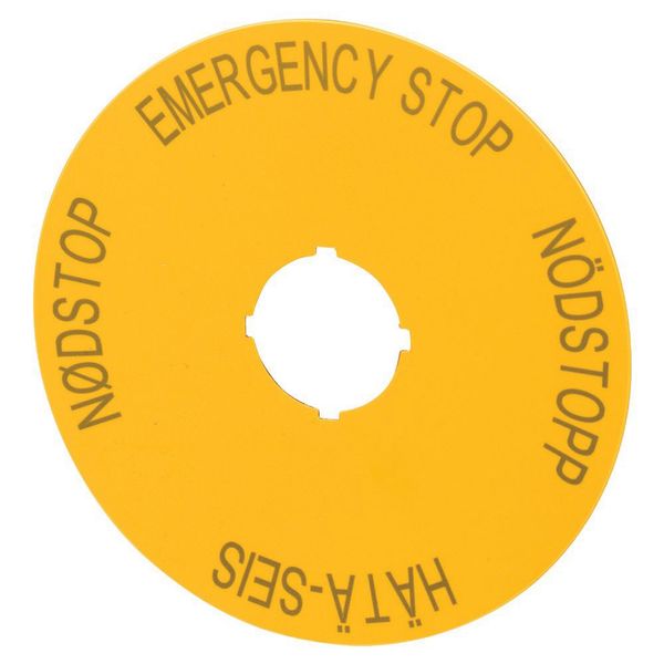 Label, emergency switching off, yellow, D=90mm, 4 languages, DE, SV, FI, DA image 3