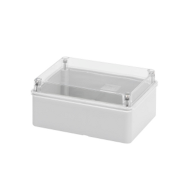 BOX FOR JUNCTIONS AND FOR ELECTRIC AND ELECTRONIC EQUIPMENT - WITH TRANSPARENT PLAIN  LID - IP56 - INTERNAL DIMENSIONS 150X110 X70 - WITH SMOOTH WALLS image 1