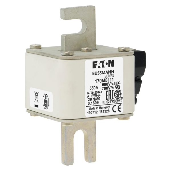 Fuse-link, high speed, 550 A, AC 690 V, DIN 2, 61 x 77 x 108 mm, aR, DIN, IEC, single indicator image 10