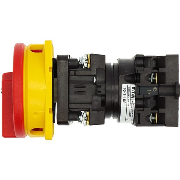 Main switch, T0, 20 A, rear mounting, 1 contact unit(s), 2 pole, Emergency switching off function, With red rotary handle and yellow locking ring, Loc image 10
