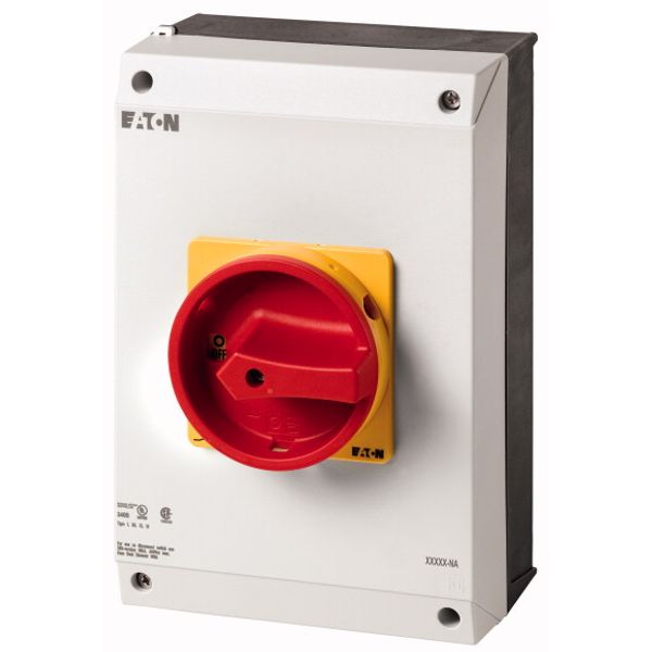 Main switch, P3, 100 A, surface mounting, 3 pole, Emergency switching off function, With red rotary handle and yellow locking ring, UL/CSA image 1
