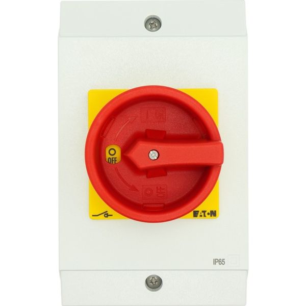 Main switch, P1, 32 A, surface mounting, 3 pole, Emergency switching off function, With red rotary handle and yellow locking ring, Lockable in the 0 ( image 4