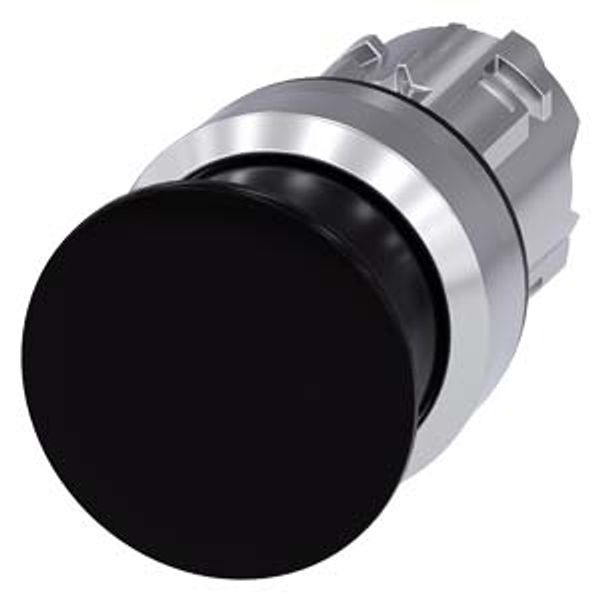 Mushroom pushbutton, 22 mm, round, metal, shiny, black, 30 mm, momentary contact type, with laser labeling, upper case image 1