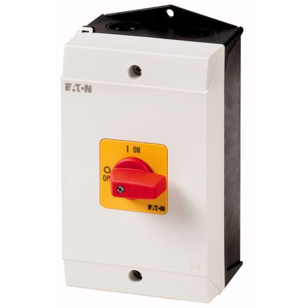 On-Off switch, P1, 25 A, surface mounting, 3 pole, Emergency switching off function, with red thumb grip and yellow front plate image 1