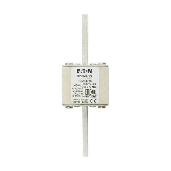 Fuse-link, high speed, 630 A, AC 690 V, size 1, 53 x 69 x 136 mm, aR, IEC, UL, no indicator, 115 mm centers image 1