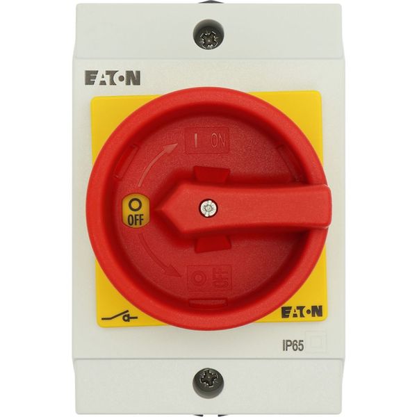 Main switch, T0, 20 A, surface mounting, 1 contact unit(s), 1 pole, Emergency switching off function, With red rotary handle and yellow locking ring, image 21