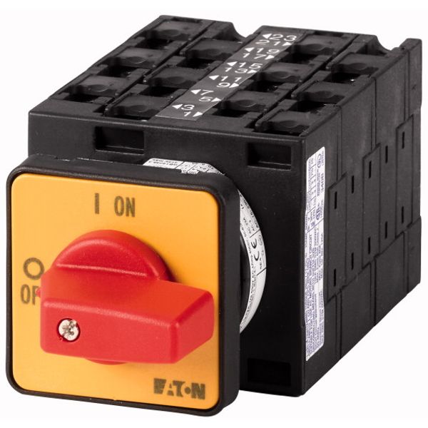 On-Off switch, T3, 32 A, flush mounting, 6 contact unit(s), 6 pole, Emergency switching off function, with red thumb grip and yellow front plate image 1