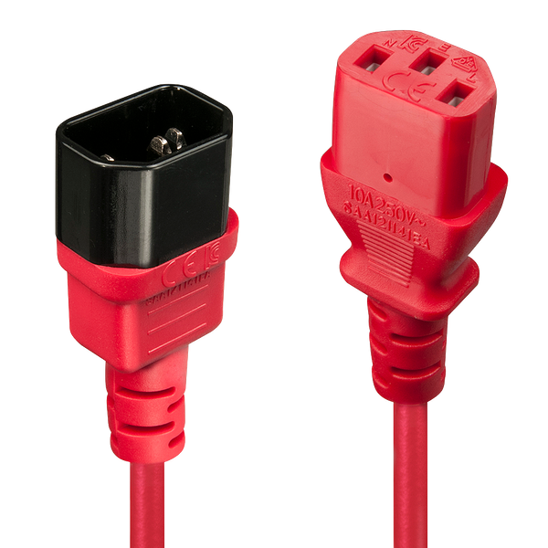 2m C14 to C13 Mains Extension Cable, red IEC C14 Connector to IEC C13 Connector image 1