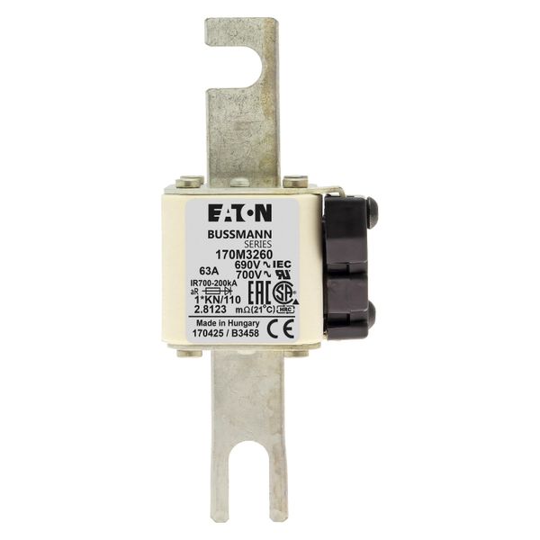 Fuse-link, high speed, 63 A, AC 690 V, compact DIN 1, 45 x 58 x 134 mm, aR, DIN, IEC, type K indicator, 110 mm centres image 7