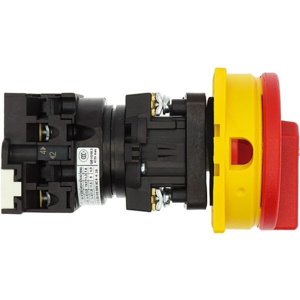 Main switch, T0, 20 A, rear mounting, 1 contact unit(s), 2 pole, Emergency switching off function, With red rotary handle and yellow locking ring, Loc image 3