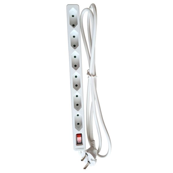 6 way EURO 2pin socket outlet, white1,4 m H05VV- F 2x1,0 cable white with 2pin shaped plugwith shutterwith switch250V/ 16A/ 2,5Amax. 1800Win polybag with label image 1