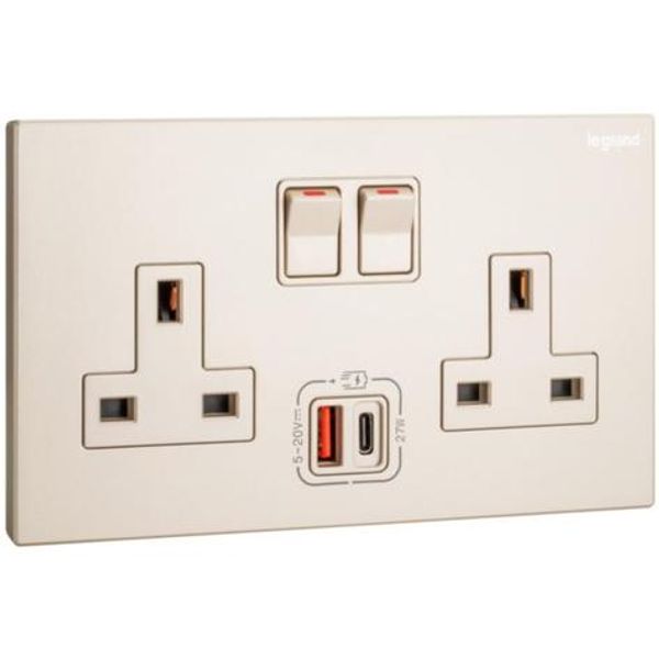 Galion - 2 gangs single pole switched socket outlets - with USB A+C 27W charger Champagne image 1