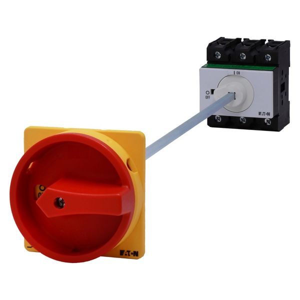 Main switch, P3, 100 A, rear mounting, 3 pole, Emergency switching off function, With red rotary handle and yellow locking ring, Lockable in the 0 (Of image 17