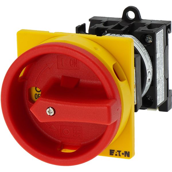 Main switch, T0, 20 A, rear mounting, 1 contact unit(s), 2 pole, Emergency switching off function, With red rotary handle and yellow locking ring, Loc image 11