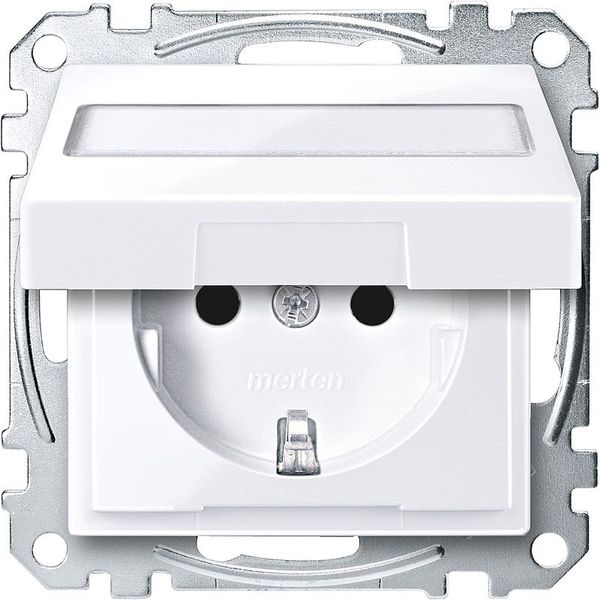 SCHUKO socket outlet with hinged lid and label, contact protection, plug-in terminals, active white glossy, System M image 1