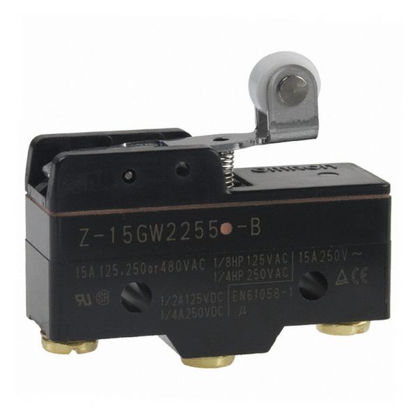 General purpose basic switch, short hinge roller lever, SPDT, 15 A, dr image 2