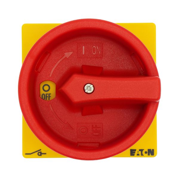 Main switch, T3, 32 A, flush mounting, 2 contact unit(s), 4 pole, Emergency switching off function, With red rotary handle and yellow locking ring image 30