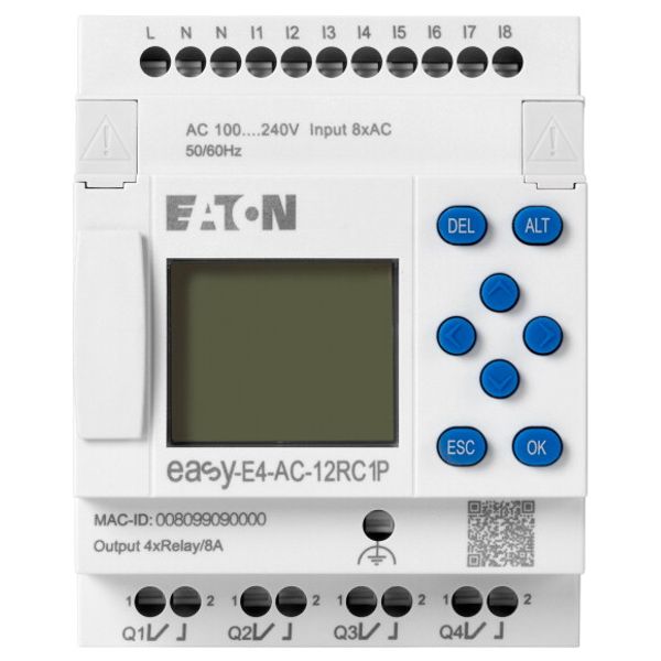 easyE4 control relay, basic unit with display (expandable, Ethernet), 100–240 VAC, 100–240 VDC (cULus: 100–110 VDC), digital inputs: 8, digital output image 1