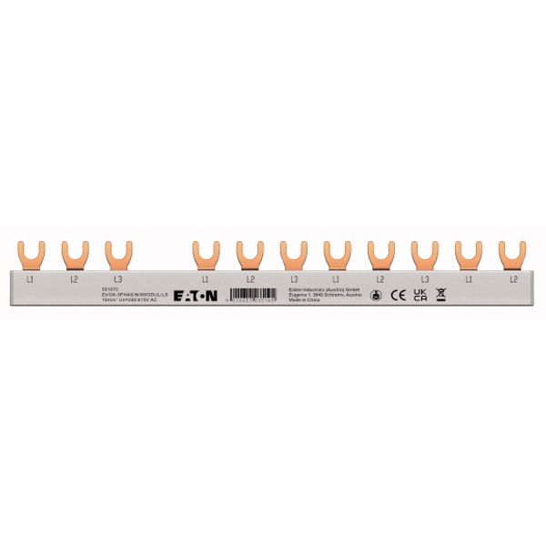 EVGK busbar fork, 3-phase, L1 - L2 - L3 - X + L1 - L2 - L3, shortenable version with end caps included, 4+8 module units, 10 mm² image 1