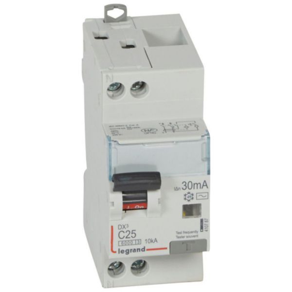 Monoblock differential circuit breaker DX³6000 10kA high inlet and low outlet U+N screw 230V~ - 25A - typeAC 30mA image 1