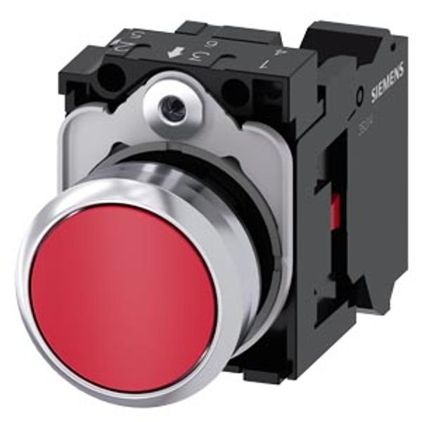 Pushbutton, 22 mm, round, metal, shiny, red, pushbutton, flat, momentary contact type, with holder,  3SU1150-0AB20-3CA0-Z Y13 image 1