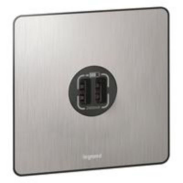 Synergy Sleek 1 Gang 2400mA Double USB Socket Type-A Brushed Stainless Steel image 1