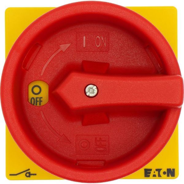 Main switch, P1, 25 A, flush mounting, 3 pole, Emergency switching off function, With red rotary handle and yellow locking ring, Lockable in the 0 (Of image 35