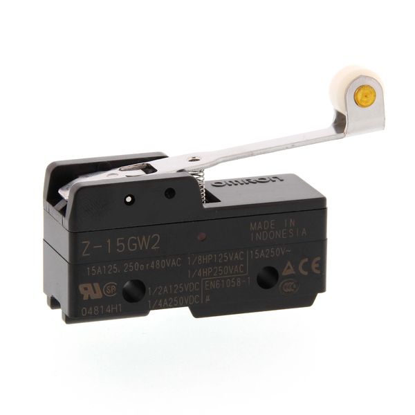 General purpose basic switch, hinge roller lever, SPDT, 15A, solder te image 1