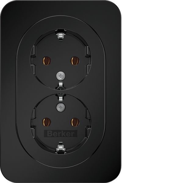 Double socket SCHUKO with Coverplate high, R.1 black gl image 1