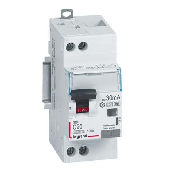 Monoblock differential circuit breaker DX³6000 10kA high inlet and low outlet U+N screw 230V~ - 20A - typeF 30mA image 1