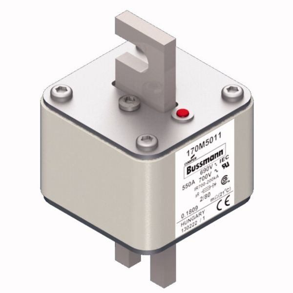 Fuse-link, high speed, 550 A, AC 690 V, DIN 2, 61 x 61 x 108 mm, aR, DIN, IEC, single indicator, 80 mm centres image 3