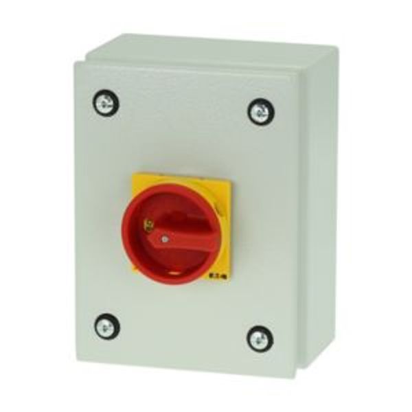 Main switch, P1, 40 A, surface mounting, 3 pole, Emergency switching off function, With red rotary handle and yellow locking ring, Lockable in the 0 ( image 4