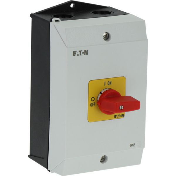 On-Off switch, P1, 40 A, surface mounting, 3 pole, Emergency switching off function, with red thumb grip and yellow front plate, hard knockout version image 2