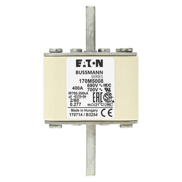 Fuse-link, high speed, 400 A, AC 690 V, DIN 2, 61 x 61 x 108 mm, aR, DIN, IEC, single indicator, 80 mm centres image 16