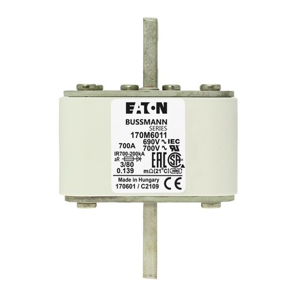 Fuse-link, high speed, 700 A, AC 690 V, DIN 3, 76 x 76 x 109 mm, aR, DIN, IEC, single indicator image 2