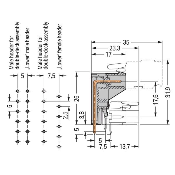 THT male header for double-deck assembly 1.0 x 1.0 mm solder pin angle image 4