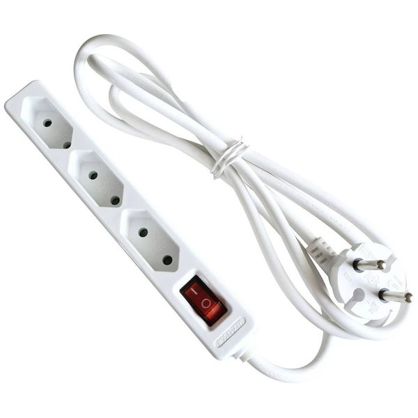 3 way EURO 2pin socket outlet, white1,4 m H05VV- F 2x1,0 cable white with 2pin shaped plugwith shutterwith switch250V/ 16A/ 2,5Amax. 1800Win polybag with label image 1