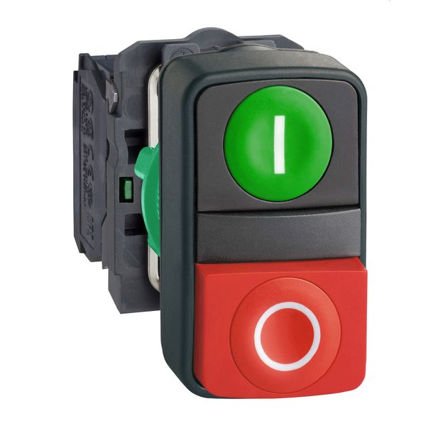 Harmony XB5, Double-headed push button, plastic, Ø22, 1 green flush marked I + 1 red projecting marked O, 1 NO + 1 NC image 1