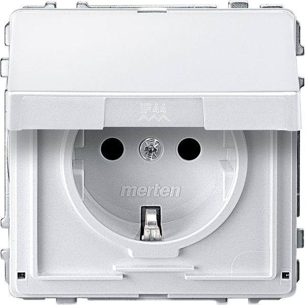 SCHUKO socket with hinged lid, BRS, plug-in terminals, polar white, AQUADESIGN image 1