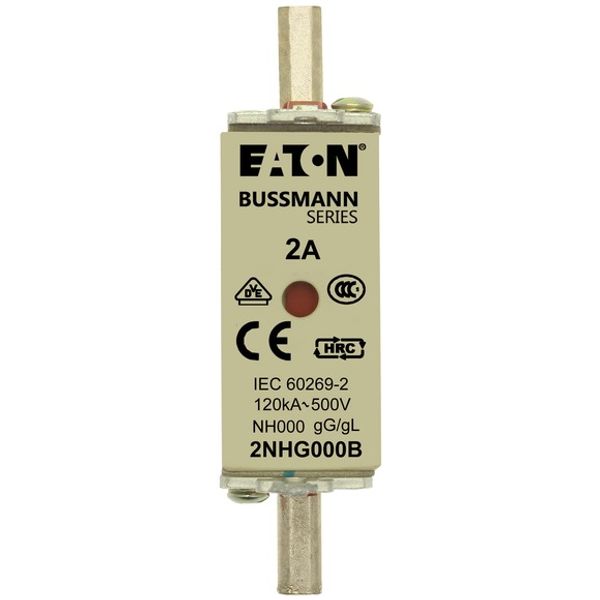 Fuse-link, LV, 2 A, AC 500 V, NH000, gL/gG, IEC, dual indicator, live gripping lugs image 2