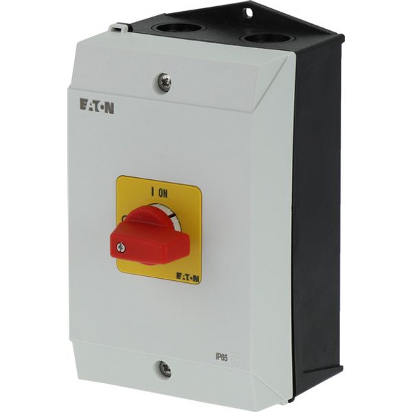 On-Off switch, P1, 40 A, surface mounting, 3 pole, Emergency switching off function, with red thumb grip and yellow front plate, hard knockout version image 4