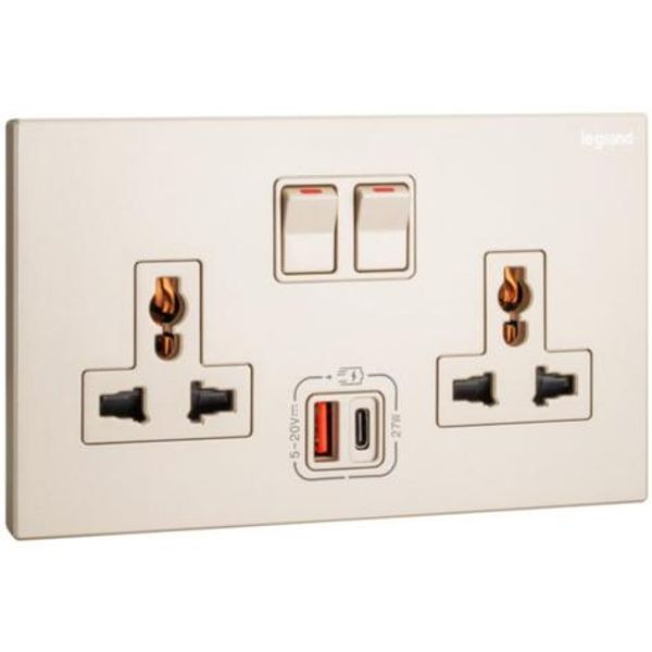 Galion - 2 gangs multistandard switched socket outlets - with USB A+C 27W charger - Champagne image 1