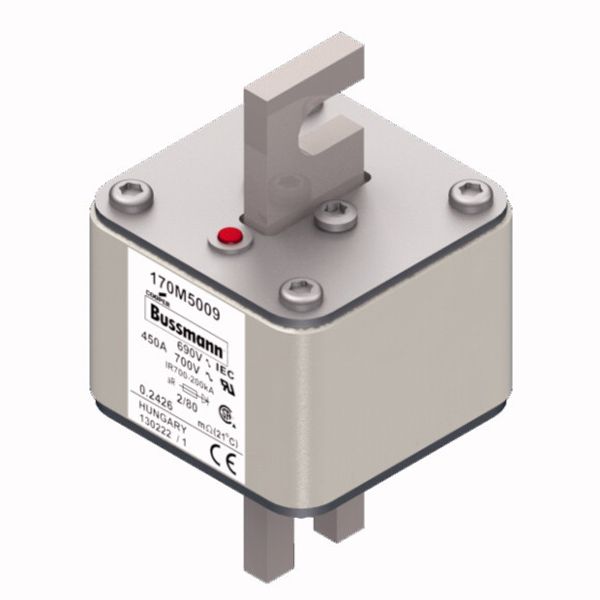 Fuse-link, high speed, 450 A, AC 690 V, DIN 2, 61 x 61 x 108 mm, aR, DIN, IEC, single indicator, 80 mm centres image 2