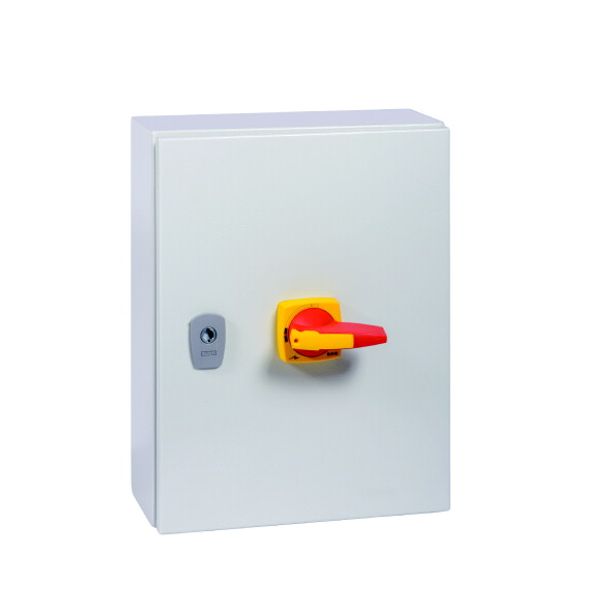 Switch-disconnector, DMM, 125 A, 4 pole, Emergency switching off function, With red rotary handle and yellow locking ring, in steel enclosure image 3
