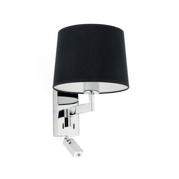 ARTIS CHROME WALL LAMP WITH READER BLACK LAMPSHADE image 1