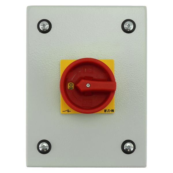 Main switch, P1, 40 A, surface mounting, 3 pole, Emergency switching off function, With red rotary handle and yellow locking ring, Lockable in the 0 ( image 8
