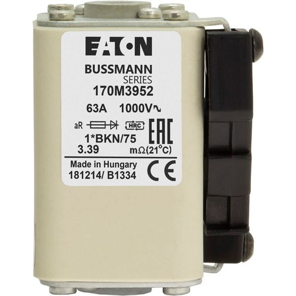 Fuse-link, high speed, 63 A, AC 1000 V, compact size 1, 43 x 61 x 74 mm, aR, IEC, UL, single indicator image 2