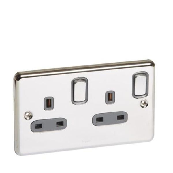 Synergy Authentic 2 gang switched single pole BS socket outlet 13A Polished Stainless steel image 1