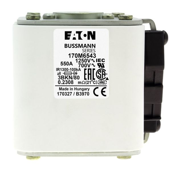 Fuse-link, high speed, 550 A, AC 1250 V, size 3, 76 x 92 x 83 mm, aR, IEC, UL, single indicator image 2