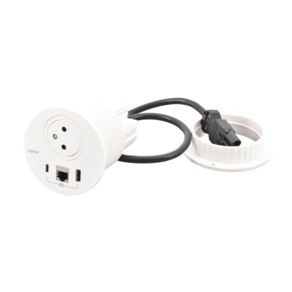 Incara Disq 80 2P+E Surface socket, USB Type-A+C charger, RJ45 category 6 FTP 0.5m Wieland cord - white Ø80mm image 1